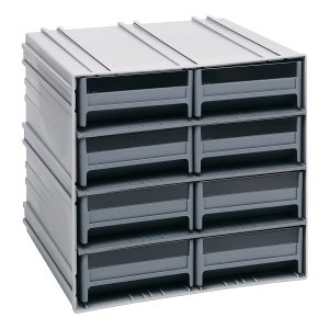 A gray Quantum Interlocking Storage Cabinet with modular design features multiple black sliding drawers, each stackable in three rows with two drawers per row. Each drawer includes (8) IDR203 bins and can be interlocked or wall-mounted for versatile storage options. Made in the USA.