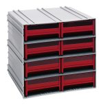 The Quantum Interlocking Storage Cabinets measure 11-3/8D x 11-3/4W x 11H and include eight red drawers with small horizontal handles, arranged in two columns. Made in the USA, these gray cabinets interlock horizontally or vertically and can be wall-mounted for versatile organization.