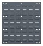 The Quantum Louvered Panel is a wall-mounted, rectangular gray panel made from heavy-duty 16 gauge cold rolled steel. It features a grid of slots with surrounding holes for mounting (hardware not included), and has a smooth gray enamel finish for an industrial look. Dimensions are 18L x 1D x 19H.