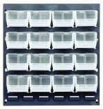 The Quantum Louvered Panel, measuring 18L x 6D x 19H, features four rows of four QUS210 clear bins each (totaling 16), attached to a durable gray enamel-coated steel panel for an organized wall-mounted storage solution.