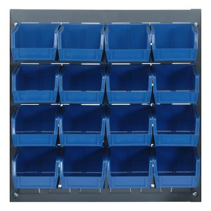 The Quantum Louvered Panel is a wall-mounted organizer measuring 18L x 6D x 19H with a gray enamel-coated finish. It includes 16 Qus210 blue bins on a durable heavy-duty 16-gauge cold-rolled steel frame, ideal for storing small items or tools.