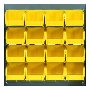 The gray Quantum Louvered Panel, made from heavy-duty 16 gauge cold rolled steel, measures 18L x 6D x 19H and features a louvered design with sixteen clear QUS210 bins in a 4x4 grid, ideal for small item storage. Mounting hardware is not included.