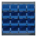 The Quantum Louvered Panel wall organizer measures 18L x 8D x 19H and features a heavy-duty gray enamel-coated frame crafted from 16 gauge cold rolled steel. It includes 16 blue Qus220 bins arranged in a 4x4 grid for efficiently organizing small items. (Mounting hardware not included).