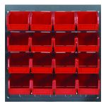 The Quantum Louvered Panel is a wall-mounted rack made from heavy-duty 16 gauge cold rolled steel with a gray enamel finish, featuring 16 clear bins for organizing small items. It measures 18L x 8D x 19H. Mounting hardware is not included.