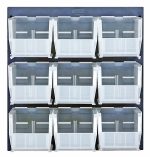 The Quantum Louvered Panel, measuring 18L x 11H, includes nine clear QUS230 bins in a 3x3 grid on heavy-duty gray enamel-coated steel. Each bin is empty with an open top for easy access.