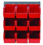 The Quantum Louvered Panel is a wall-mounted storage unit featuring nine clear QUS230 bins in a 3x3 grid, with an open top design. It measures 18 x 11 and is constructed from heavy-duty 16-gauge cold-rolled steel with a gray enamel coating.