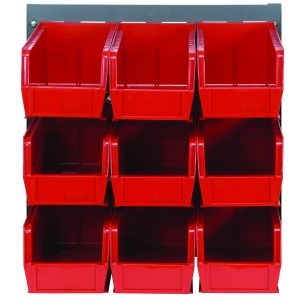 The Quantum Louvered Panel is a wall-mounted storage unit featuring nine clear QUS230 bins in a 3x3 grid, with an open top design. It measures 18 x 11 and is constructed from heavy-duty 16-gauge cold-rolled steel with a gray enamel coating.