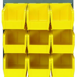 The Quantum Louvered Panel is a wall-mounted organizer with nine clear QUS230 bins in a 3x3 grid, featuring robust support from its heavy-duty 16-gauge cold rolled steel backing. The panel measures 18L x 11H and has a gray enamel-coated finish for durability (mounting hardware not included).