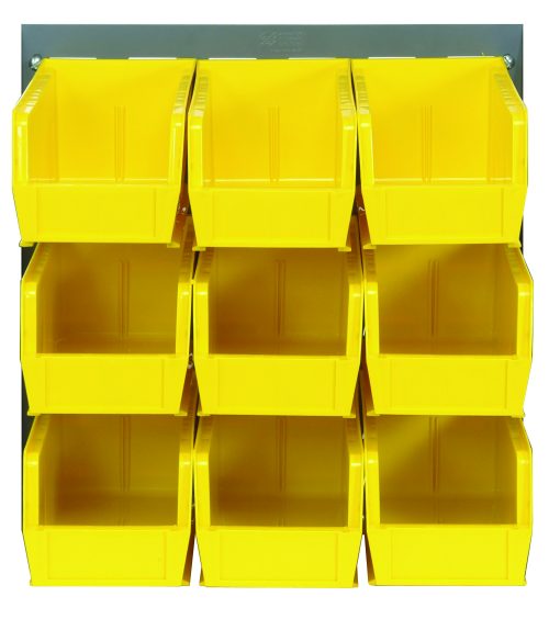 The Quantum Louvered Panel is a wall-mounted organizer with nine clear QUS230 bins in a 3x3 grid, featuring robust support from its heavy-duty 16-gauge cold rolled steel backing. The panel measures 18L x 11H and has a gray enamel-coated finish for durability (mounting hardware not included).