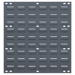 The Quantum Louvered Panel is a wall-mounted, rectangular gray panel made from heavy-duty 16 gauge cold rolled steel. It features a grid of slots with surrounding holes for mounting (hardware not included), and has a smooth gray enamel finish for an industrial look. Dimensions are 18L x 1D x 19H.