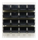 The Quantum Louvered Panel is a wall-mounted unit with an oyster white finish, featuring sixteen 18L x 6D x 19H black bins arranged in a 4x4 grid. Made of heavy-duty steel, the bins have open tops for easy access to contents. (Mounting hardware not included.).