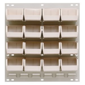 The Quantum Louvered Panel is a wall-mounted storage unit measuring 18L x 6D x 19H, crafted from robust 16 gauge cold-rolled steel with an oyster white enamel finish. It includes 16 clear Qus210 bins and features open tops for easy access, perfect for organizing small items efficiently.