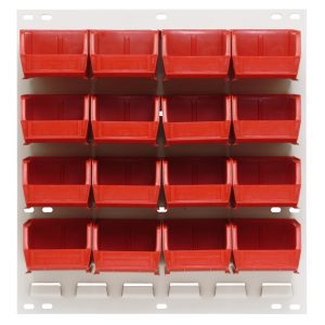 The Quantum Louvered Panel, finished in oyster white enamel and crafted from heavy-duty 16 gauge cold-rolled steel, includes 18 clear bins and fits perfectly in a 18L x 6D x 19H space, offering efficient wall-mounted vertical storage. Mounting hardware is not included.