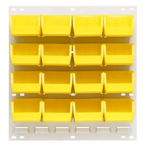 The Quantum Louvered Panel is an 18L x 6D x 19H wall-mount in oyster white, featuring heavy-duty steel and 16 clear QUS210 bins for easy access and storage of small items. Mounting hardware is not included.