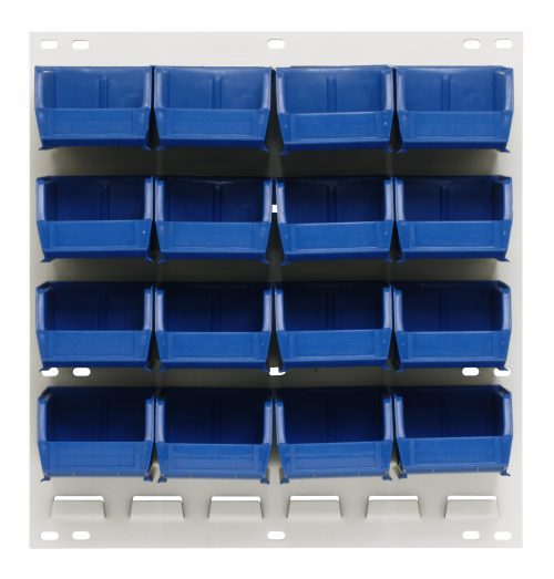 The Quantum Louvered Panel is a compact 18L x 8D x 19H wall-mounted unit with an oyster white enamel finish, featuring 16 blue QUS220 bins organized efficiently on heavy-duty cold rolled steel (mounting hardware not included).