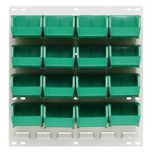 The Quantum Louvered Panel is a wall-mounted organizer with 16 Qus220 clear bins on an 18L x 8D x 19H structure, featuring a sleek oyster white enamel finish. Made from heavy-duty 16-gauge cold rolled steel, its perfect for small item storage. Mounting hardware not included.