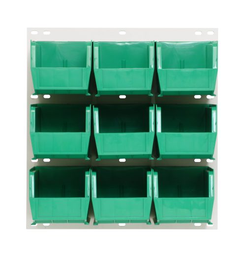 Nine clear QUS230 bins are arranged in a 3x3 pattern on an oyster white enamel-coated Quantum Louvered Panel, size 18L x 11H, made of heavy-duty 16 gauge cold rolled steel and designed for wall mounting.