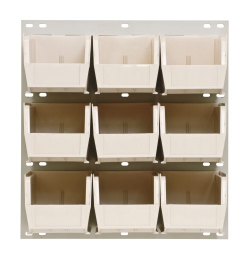 The Quantum Louvered Panel is a wall-mounted storage organizer in oyster white with a three-by-three grid of nine clear QUS230 bins, each 18L x 11H. Made from heavy-duty 16-gauge cold rolled steel, it features an enamel-coated finish. Mounting hardware is not included.
