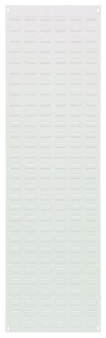 The Quantum Louvered Panel, 18L x 61H, is crafted from heavy-duty 16 gauge cold rolled steel with an oyster white enamel finish. It includes a horizontal slot grid pattern and mounting holes (hardware not included).