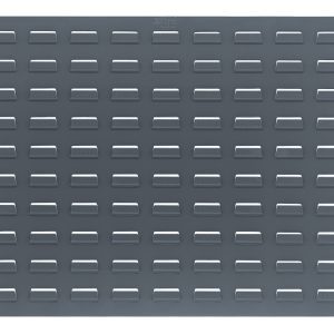 The Quantum Louvered Panel, 27-3/4L x 21H, is a wall-mounted, gray enamel-coated piece made from heavy-duty 16 gauge cold-rolled steel. Featuring rectangular openings and corner holes for mounting (hardware not included), it offers a smooth and symmetrical design ideal for various settings.