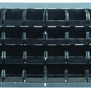 A Quantum Louvered Panel, 36L x 6D x 19H, made of heavy-duty steel with a gray enamel finish, is wall-mounted with 32 black QUS210 bins designed for organizing small items.