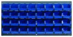 The Quantum Louvered Panel is wall-mounted, measuring 36L x 6D x 19H, and holds 32 Qus210 blue bins. Made from heavy-duty 16 gauge cold rolled steel with a gray enamel finish, its ideal for organizing small items in workshops or garages. Bins bright color stands out against this backdrop.
