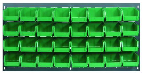 The Quantum Louvered Panel, wall mounted at 36L x 6D x 19H, comes with 32 clear QUS210 bins. Made from heavy-duty 16-gauge cold-rolled steel with a gray enamel finish, its designed for organizing small items. Mounting hardware not included.