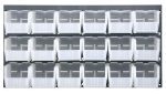 The Quantum Louvered Panel is a wall-mounted rack made of heavy-duty 16-gauge cold-rolled steel with a gray enamel finish. It measures 36L x 11D x 19H and includes 18 clear Qus230 bins, perfect for organizing and maximizing space.