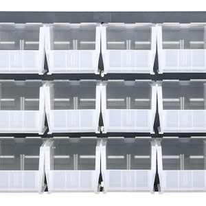 The Quantum Louvered Panel is a wall-mounted rack made of heavy-duty 16-gauge cold-rolled steel with a gray enamel finish. It measures 36L x 11D x 19H and includes 18 clear Qus230 bins, perfect for organizing and maximizing space.