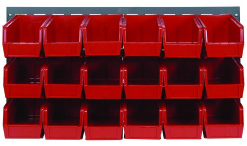 Introducing the Quantum Wall-Mounted Louvered Panel, crafted from heavy-duty 16 gauge cold-rolled steel with a gray enamel finish. It measures 36L x 11D x 19H and includes eighteen clear QUS230 open-top bins for easy access. Sturdy and reliable support without mounting hardware included.