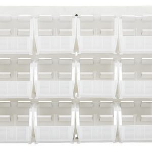 The Quantum Louvered Panel, 36L x 11D x 19H, is wall-mounted with an oyster white enamel finish. It holds 18 uniform QUS230 clear bins in three rows, ideal for small items storage, and beautifully accentuates the transparent containers.