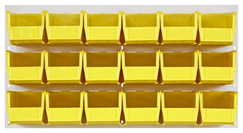 The Quantum 36x11x19 louvered panel is made of heavy-duty 16 gauge cold rolled steel with an oyster white enamel finish. It holds (18) QUS230 clear bins in four rows for easy access and robust organization but does not include mounting hardware.