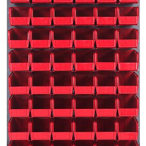 The Quantum Louvered Panel, measuring 36L x 11D x 61H, is made of heavy-duty 16 gauge cold rolled steel with a gray enamel finish and comes with 60 clear Qus230 bins arranged for easy access.