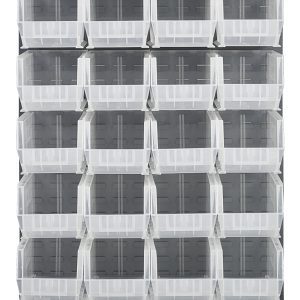 The Quantum Louvered Panel, 36L x 15D x 61H, includes 28 QUS240 clear bins uniformly arranged in five rows and six columns against a sleek gray enamel-coated heavy-duty steel backing for organizing small items.