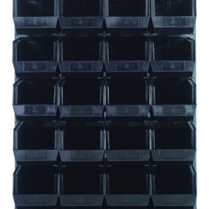 The Quantum Louvered Panel, expertly crafted in 16-gauge cold rolled steel with a gray enamel finish, includes 28 black bins for optimal organization. Measuring 36L x 15D x 61H, it is ideal for storing small items and complements any space with its robust and stylish design.