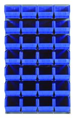 A grid of 30 blue storage bins, with 28 QUS240s, is arranged in five rows and six columns. Each front-open bin is mounted on a Quantum Louvered Panel (36L x 15D x 61H) made from gray enamel-coated heavy-duty steel, creating an easily accessible storage solution.