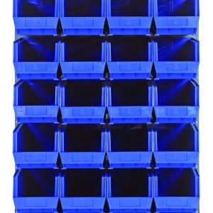 A grid of 30 blue storage bins, with 28 QUS240s, is arranged in five rows and six columns. Each front-open bin is mounted on a Quantum Louvered Panel (36L x 15D x 61H) made from gray enamel-coated heavy-duty steel, creating an easily accessible storage solution.