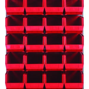 The Quantum Louvered Panel, a wall-mounted organizer made from heavy-duty 16 gauge cold rolled steel with a gray enamel finish, includes 28 QUS240 clear bins. Measuring 36L x 15D x 61H, its perfect for organizing tools or small items. Mounting hardware is not included.