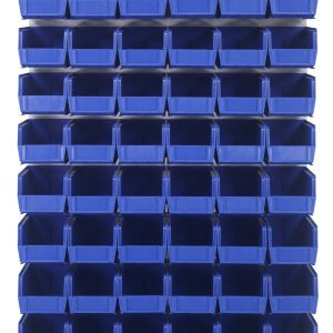 The Quantum Louvered Panel is a heavy-duty wall-mounted organizer made from 16 gauge cold rolled steel. It measures 36L x 11D x 61H and includes 60 blue Qus230 bins. The organizer features an oyster white enamel coated finish for a sleek contrast against plain backgrounds. Mounting hardware is not included.
