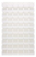 The image features the Quantum Louvered Panel, a 36L x 11D x 61H wall-mounted storage system, accommodating (60) QUS230 clear bins in a sleek grid. Made of heavy-duty 16-gauge cold-rolled steel with an oyster white enamel finish, its ideal for organizing small items.