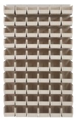 The Quantum Louvered Panel is a wall-mounted, oyster white storage organizer with 60 clear bins. Made of heavy-duty 16-gauge cold-rolled steel, it measures 36L x 11D x 61H and is perfect for organizing screws, nuts, or craft supplies. Mounting hardware not included.
