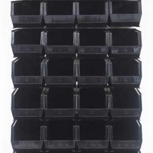 The Quantum Louvered Panel is a 36L x 15D x 61H wall-mounted organizer with an oyster white enamel finish. It includes 28 Qus240 black bins, ideal for stylishly storing small items, crafted from heavy-duty 16-gauge cold rolled steel. Mounting hardware is not included.