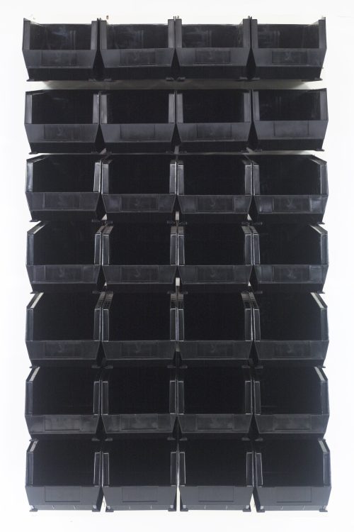 The Quantum Louvered Panel is a 36L x 15D x 61H wall-mounted organizer with an oyster white enamel finish. It includes 28 Qus240 black bins, ideal for stylishly storing small items, crafted from heavy-duty 16-gauge cold rolled steel. Mounting hardware is not included.