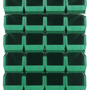 An array of 28 clear bins on a Quantum Louvered Panel (36L x 15D x 61H) with heavy-duty 16-gauge cold rolled steel is neatly organized for front access against an oyster white enamel-coated backdrop, enhancing organizational visibility.