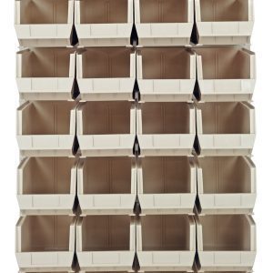 The Quantum Louvered Panel is a wall-mounted organizer measuring 36L x 15D x 61H, with an oyster white enamel finish and a heavy-duty 16-gauge cold-rolled steel frame. It includes 28 clear Qus240 bins for small item storage (mounting hardware not included).