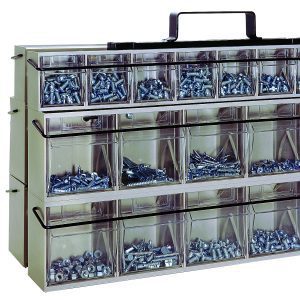 A storage organizer for QTB302-QTB306 and QTB309 models features clear compartments with assorted metal screws and nuts, a top handle for easy carrying, locking rods for security, and multiple rows of small drawers.
