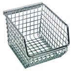 The Quantum Mesh Stack and Hang Bin is a metal wire mesh basket with an open front, shiny chrome finish, and measures 5-1/4W x 4-1/4D x 3H. It features a rectangular base with vertical sides, ideal for stylishly organizing or storing items.