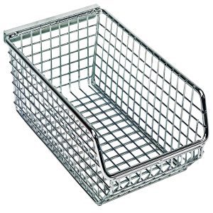 The Quantum Mesh Stack and Hang Bin, with dimensions 7-1/4W x 4-1/4D x 3H, is a sleek, stackable rectangular basket featuring a chrome finish and rear hanger with an open top and larger front opening for optimal organization or storage.