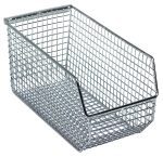 The Quantum Mesh Stack and Hang Bin is a 10-3/4W x 5-1/2D x 5H rectangular, stackable metal wire basket with a slanted front, grid pattern, and rear hanger. Its chrome finish makes it perfect for organizing items effectively.