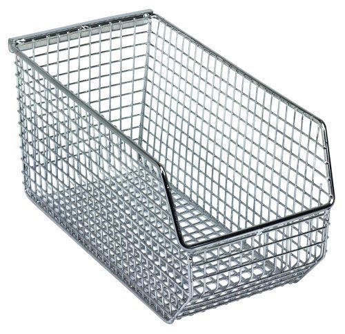 The Quantum Mesh Stack and Hang Bin is a 10-3/4W x 5-1/2D x 5H rectangular, stackable metal wire basket with a slanted front, grid pattern, and rear hanger. Its chrome finish makes it perfect for organizing items effectively.